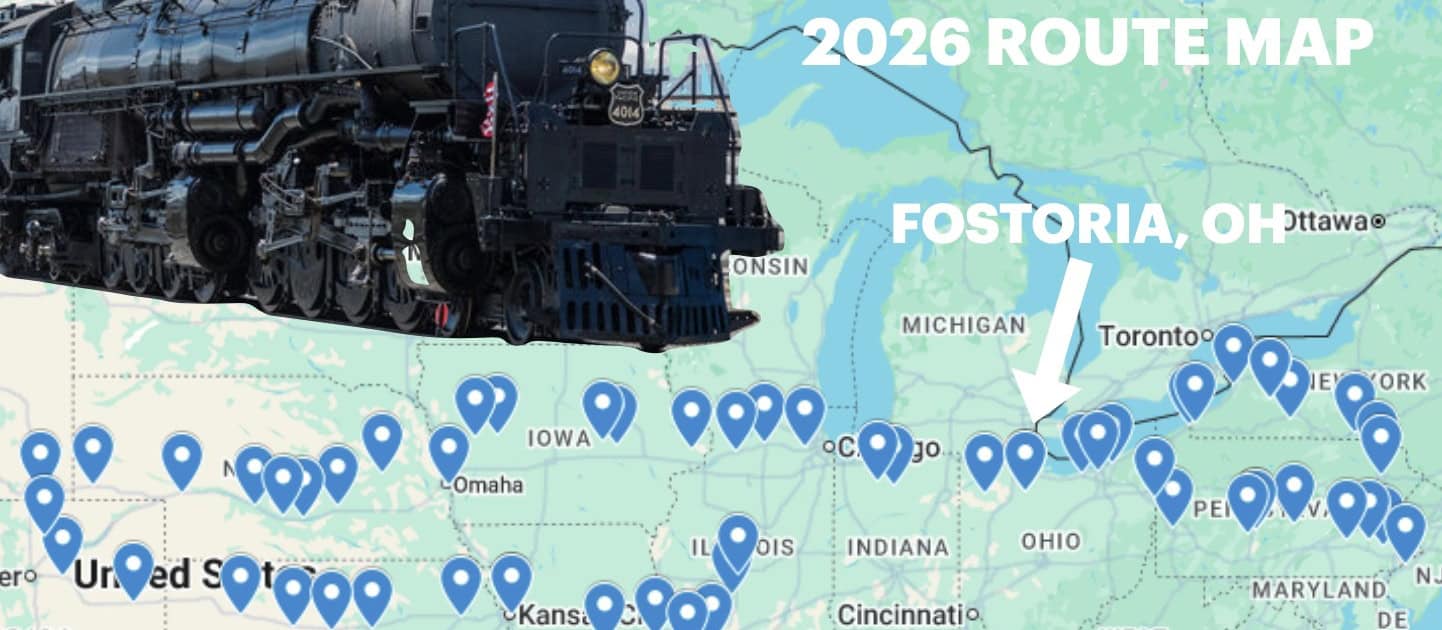 Fostoria News Map of the 2026 route for Big Boy 4014 train with stops across the US.